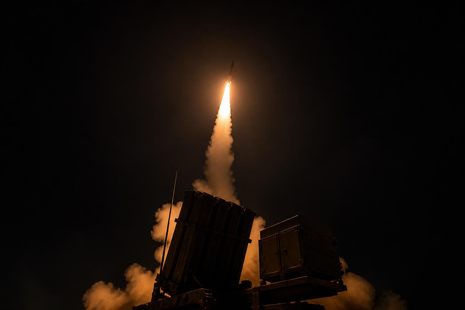 Missile defense interceptor launching at night