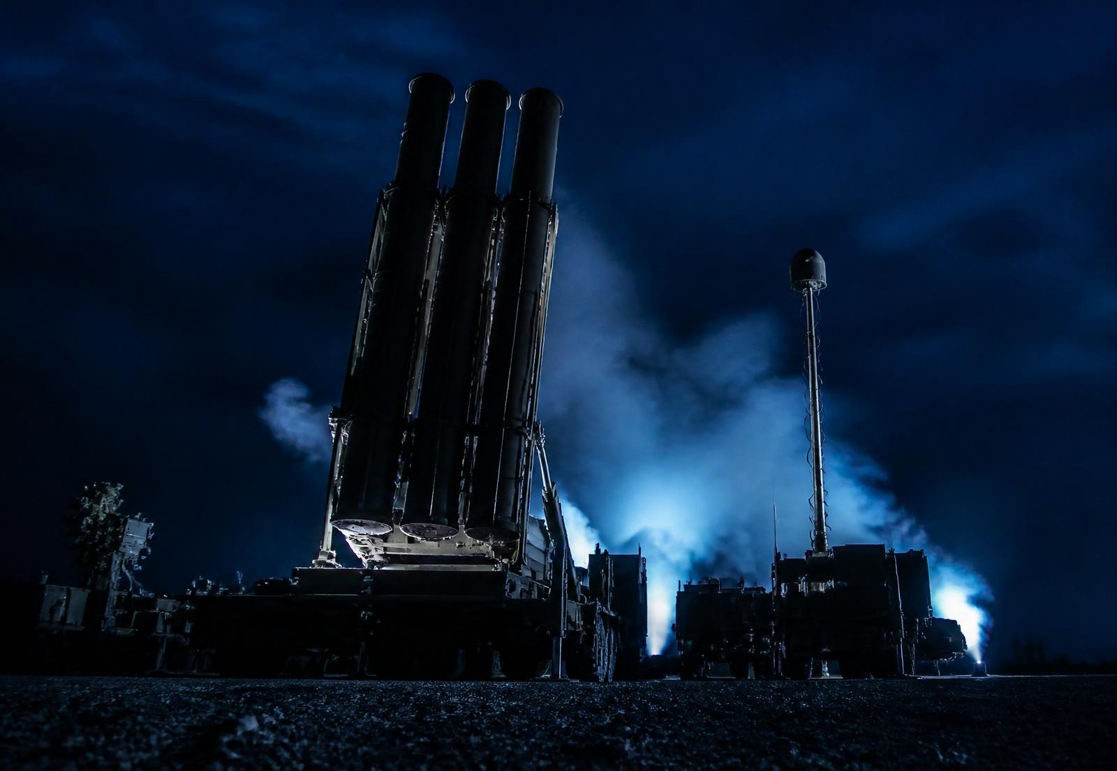 Interceptor missile defense system at night
